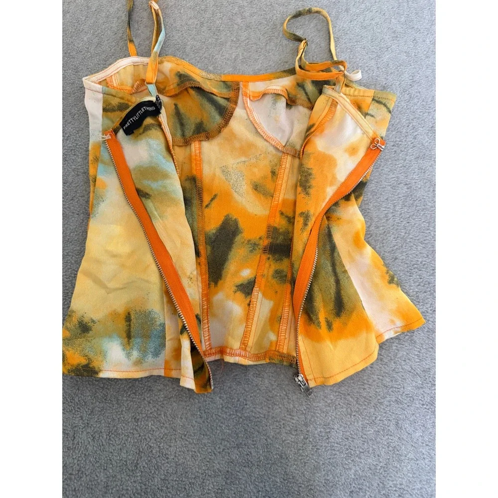 PrettyLittleThing Orange Green Tie Dye Corset Cami Top Zip Back Womens Size 4